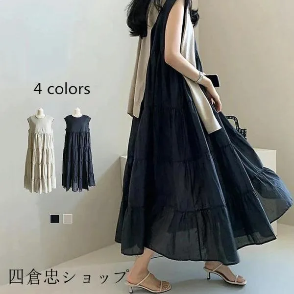 ワンピース レディース ノースリーブ ティアードワンピース ロングワンピース フレアワンピース aラインワンピース 無地 40代50代60代 リネンワンピース