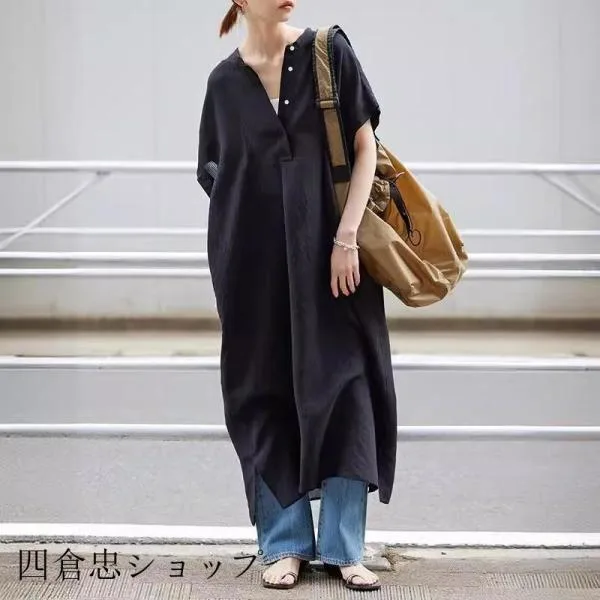 ワンピース 半袖 レディース 夏服 黒 ブラック シャツワンピース ロング タック 大人カジュアル プルオーバー ゆったり 30代40代50代60代 シンプル vネック