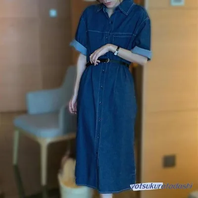 ワンピース デニム 半袖 ロング レディース おしゃれ かわいい ゆったり 春 夏 服 ロールアップ 無地 シンプル カジュアル