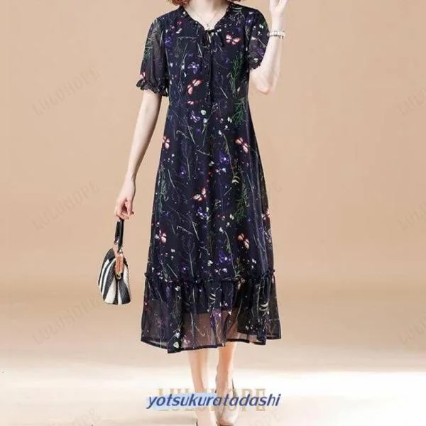 ワンピース レディース 大きいサイズ 30代 40代 50代 60代 シフォン 膝下 ドレス おしゃれ 夏 大人 母 服 12617