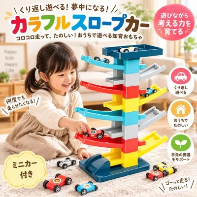 カラフル ミニカースロープ 知育玩具 ミニカーセット 5段 7段 10段 4台 6台 10台 動物シール付き スロープトイ 車遊び 組み立ておもちゃ おうち遊び プレゼント