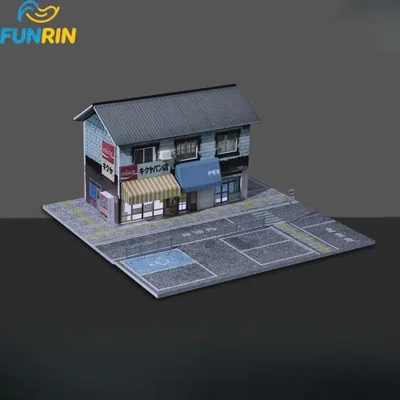 1/64 スケール 日本街並みパン屋ジオラマ LED 照明付き ミニカー展示台 PVC+ABS 素材 30×30×14.8cm ダイキャストカーコレクション用情景模型