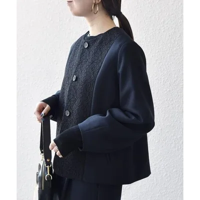 ジャケット ノーカラージャケット 「手洗い可能」ダブルクロス レース 切替 ノーカラー ジャケット「NAVY BLUE」 レディース