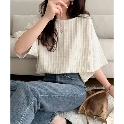 tシャツ 半袖 ラフなのに品よく見える。二の腕カバー軽やかぽこぽこフクレジャガードトップス(半袖) レディース