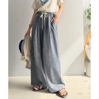 ワイドパンツ ジーンズ デニム デニムパンツ 「JaVa ジャバコラボ」まるで呼吸するような軽やかさ。綿100%シワ加工デニム2タックイージーパンツ レディース