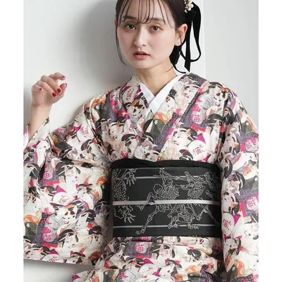 着物 着物 単衣 ニコアンティーク 美人画猫 レディース