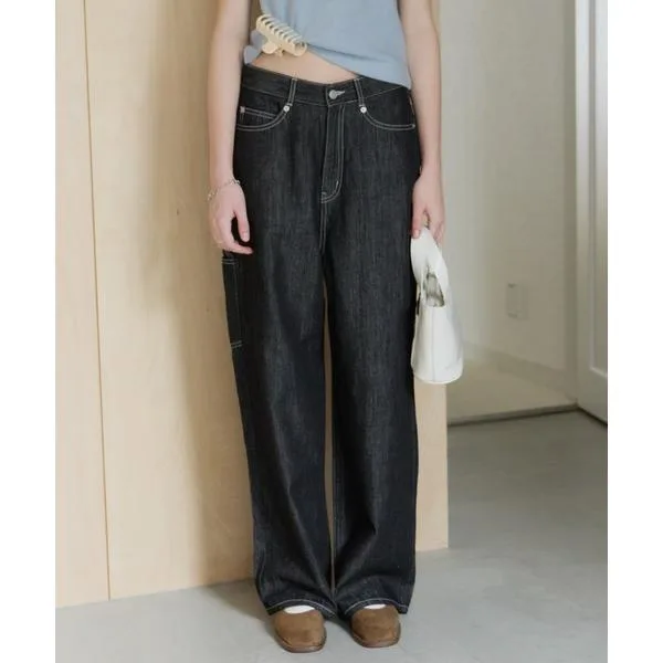 ワイドパンツ ジーンズ デニム デニムパンツ wide stitch adjustable denim / ワイドステッチアジャスタブルデニム レディース