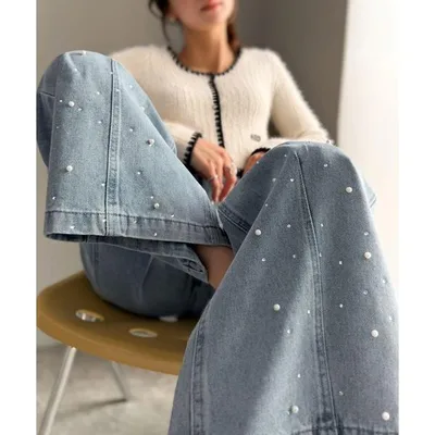 ワイドパンツ ジーンズ デニム デニムパンツ 「mily bilet」カジュアルにきらめきを。パールビジューワイドストレートデニムパンツ レディース