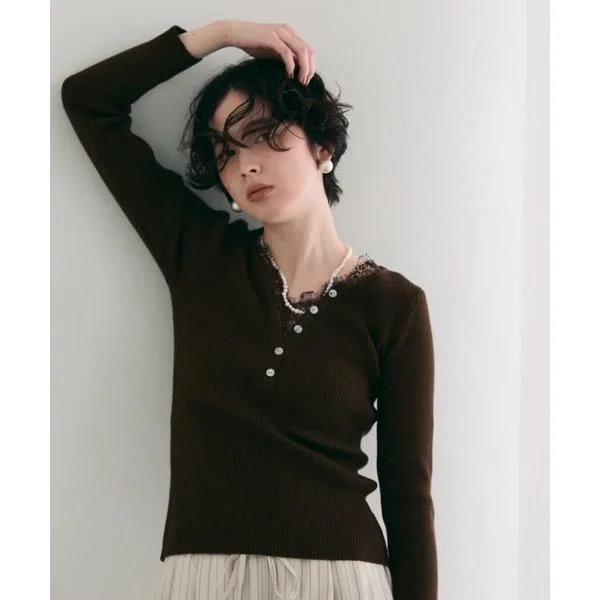 Knit Sweater Lace Layered Henley Neck Rib Knit Women's