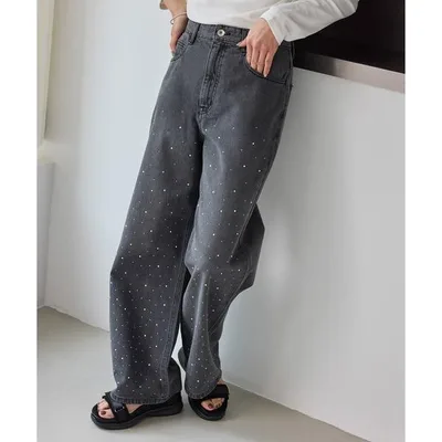ワイドパンツ ジーンズ デニム デニムパンツ パールキラキラビジューデニム レディース