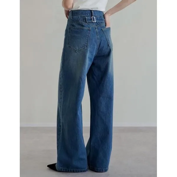 ジーンズ デニム デニムパンツ 「低身長/高身長サイズ有」コットンデニムバックルデザインパンツ レディース