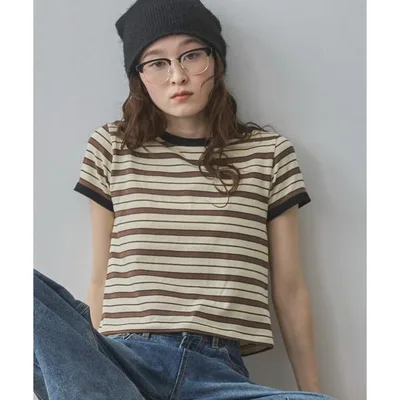tシャツ 半袖 マルチボーダーコンパクトリンガーTee レディース