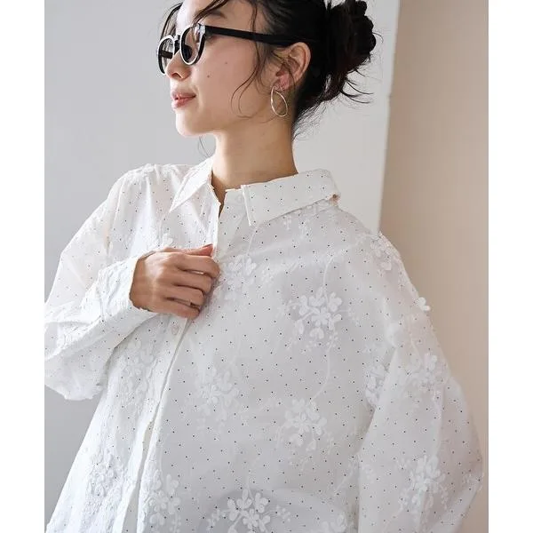 ブラウス シャツ 「新色登場」3Dフラワー刺繍 ロングスリーブシャツ(ドット柄) レディース