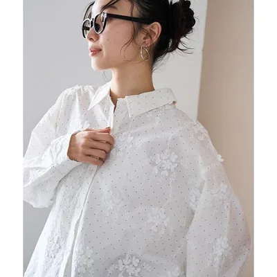 ブラウス シャツ 「新色登場」3Dフラワー刺繍 ロングスリーブシャツ(ドット柄) レディース