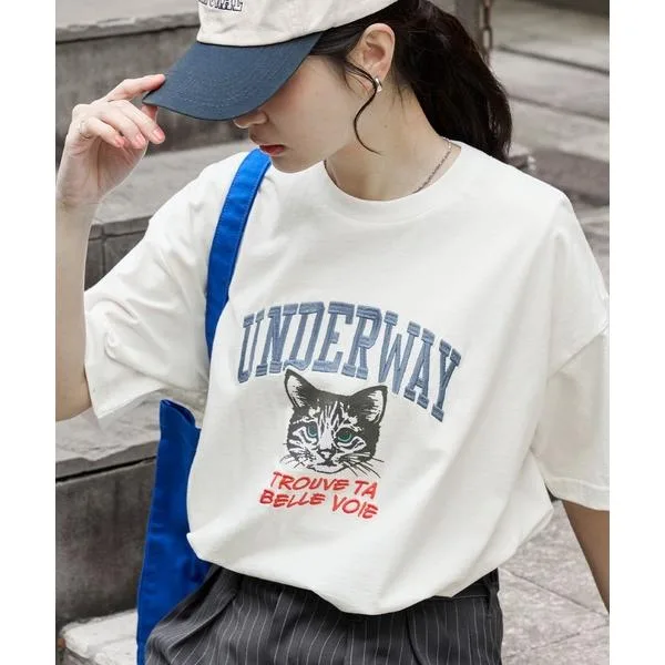tシャツ 半袖 カレッジロゴ刺繍 サイドスリット オーバーサイズ 半袖Tシャツ レディース
