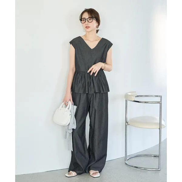 ワイドパンツ ジーンズ デニム デニムパンツ 限定展開 レーヨンデニム ノースリーブ セットアップ レディース