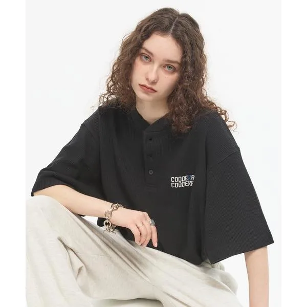 ヘンリーネック tシャツ 「CODDERR」ロゴ刺繍 ドローコード ヘンリーネック ワッフル半袖Tシャツ メンズ レディース