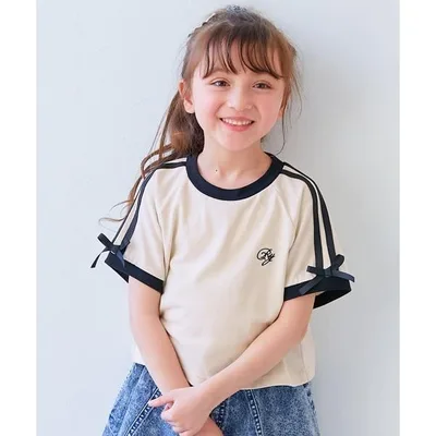 tシャツ リボン付き サイドライン ミニ丈半袖Tシャツ キッズ 子供服 女の子