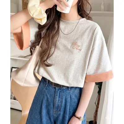 tシャツ 半袖 「JaVaジャバコラボ」大人の色魅せ、軽やかに映える。綿100% 胸刺繍入り 袖配色切り替え Tシャツ(半袖) レディース