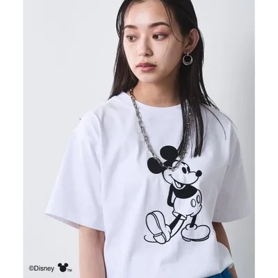 tシャツ 半袖 ミッキーマウス/綿100%フロッキープリントTシャツ「大きいサイズ有」シックスタイル レディース