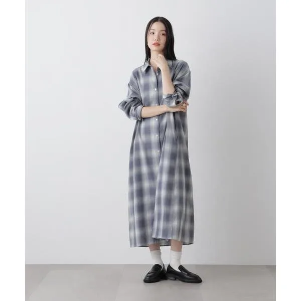 シャツワンピース オンブレーツイルチェックシャツワンピース