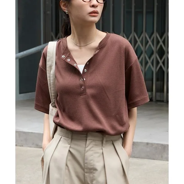 ヘンリーネック tシャツ 半袖 速乾 「anyway.シリーズ」ワッフル ヘンリーネック 優秀Tシャツ (吸水速乾・毛玉防止・イージーケア) レディース
