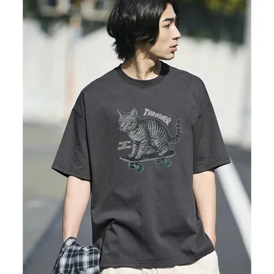 tシャツ 限定展開 THRASHER×FREAK'S STORE スラッシャー 別注 ビッグシルエット アニマルプリント クルーネック Tシャツ CAT メンズ レディース