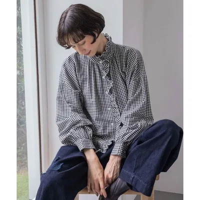 リネンシャツ ブラウス シャツ 「natural by clip」リネン混チェックフリルブラウス レディース