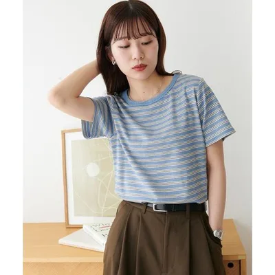 tシャツ 半袖 マルチボーダー5分袖 レディース