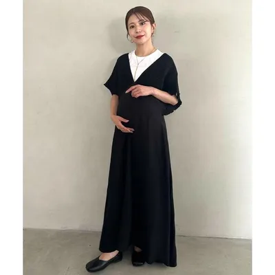授乳ブラ マタニティ 「マタニティ」産前・産後Vネックシャーリングロングワンピース Vネックデザインマタニティワンピース Vネックシャーリング楽々ワン…