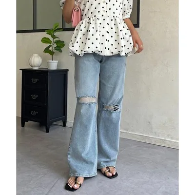 ジーンズ デニム デニムパンツ 「MOMO」ダメージストレッチストレートデニム レディース
