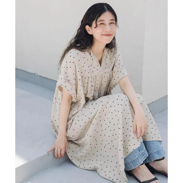 ワンピース 半袖 リネンリヨセルドットワンピース|麻/涼しい/大人カジュアル/旅行