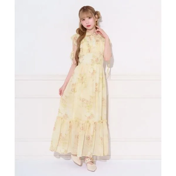ワンピース 袖リボンアソート柄フリルワンピース