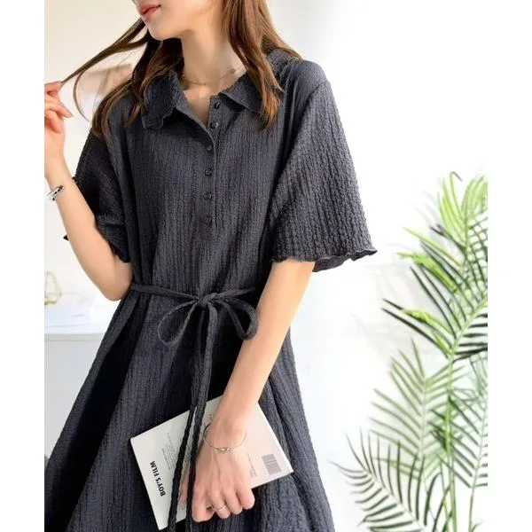 วันพีซแขนสั้นฤดูร้อนให้ความรู้สึกพองน่ารัก ชุดเดรสยาวคอปกผ้า jacquard ผ้าป๊อปคอร์น (แขนสั้น)