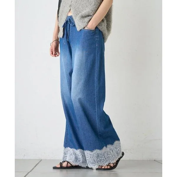 ワイドパンツ ジーンズ デニム デニムパンツ 「ZOZO限定」柔らかイージー裾レースデニムパンツ レディース