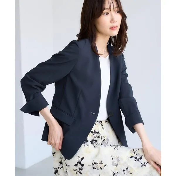 ジャケット ノーカラージャケット リネンライクシリーズ ドライタッチノーラペルジャケット/UVカット・接触冷感・防シワ レディース