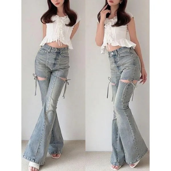 ジーンズ デニム デニムパンツ 「新色追加」カットアウトリボンデニムパンツ レディース