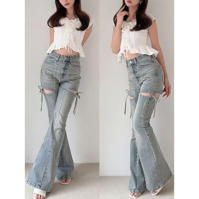 ジーンズ デニム デニムパンツ 「新色追加」カットアウトリボンデニムパンツ レディース