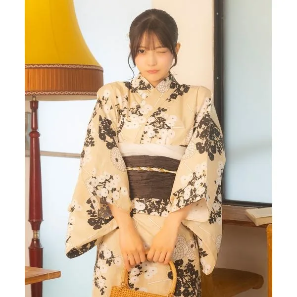 ゆかた 浴衣 浴衣セット レディース ベージュ 生成り 菊 モダン レトロ ゆかた2点セット 浴衣 兵児帯 かわいい レディース