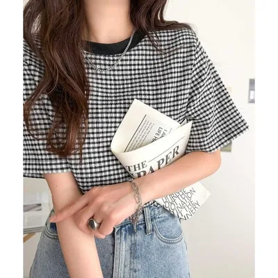 tシャツ 半袖 ぽこぽこが可愛い!ストレッチ素材シャーリングギンガムチェックトップス(半袖) レディース