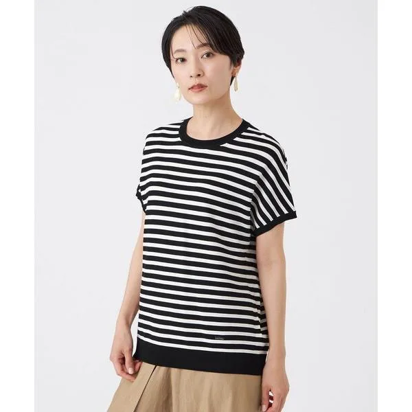 tシャツ 半袖 「ウォッシャブル・UV対策」コンフォートストレッチボーダーニットプルオーバー レディース