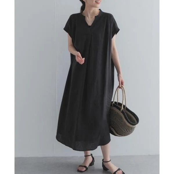 ワンピース 半袖 リネンレーヨンスキッパーフレンチワンピース