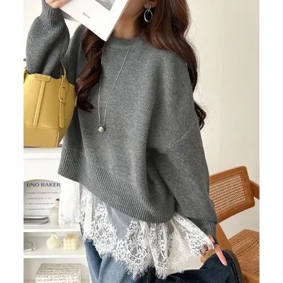 ニット セーター 厚手 パッと着て、オシャレ完了裾レースドッキングニットプルオーバー(長袖) レディース