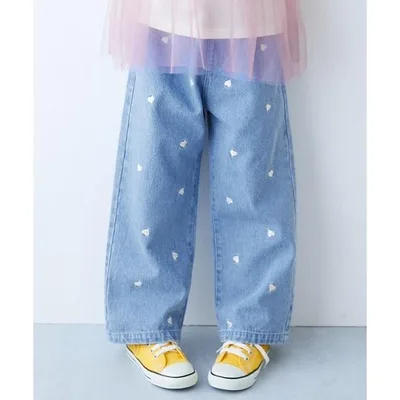 ワイドパンツ パンツ 360度かわいい ハートと花がえらべる 全面 刺繍 デニム ワイドパンツ キッズ 子供服 女の子