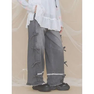 ワイドパンツ ジーンズ デニム デニムパンツ バレルレッグリボンデニムパンツ レディース