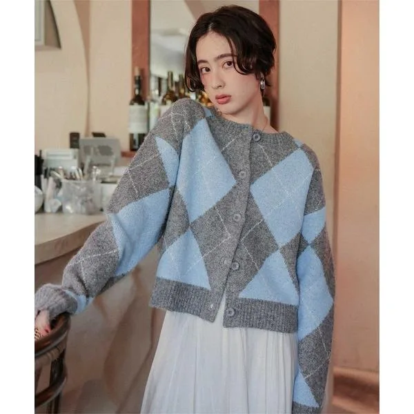Cardigan Fluffy Argyle Knit Cardigan Women's