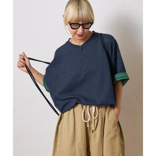 tシャツ 半袖 「UNISEX」ボーダー配色ヘンリーTee レディース メンズ