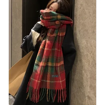 マフラー ストール クラシックチェック柄 ボリュームたっぷり フリンジマフラー レディース