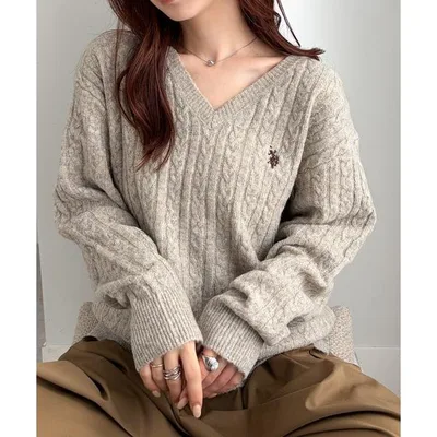 ニット セーター ケーブル RANAN/solleim別注「U.S.POLO ASSN.」ワンポイントケーブルVニット レディース