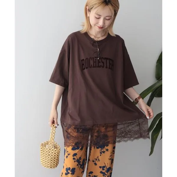 tシャツ 半袖 カレッジロゴレースドッキングTシャツ レディース